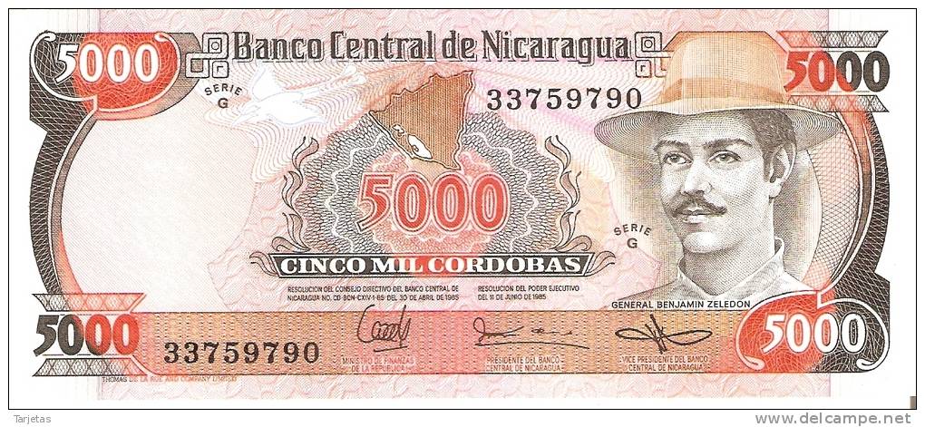 BILLETE DE NICARAGUA DE 5000 CORDOBAS DEL AÑO 1985 SIN CIRCULAR-UNCIRCULATED  (BANK NOTE) - Nicaragua