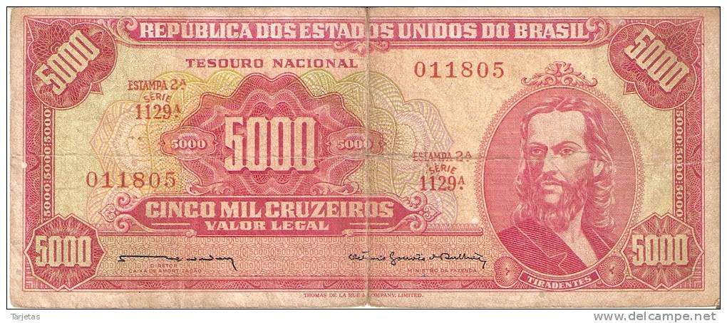 BILLETE DE BRASIL DE 5000 CRUZEIROS DEL AÑO 1964 (BANKNOTE) TIRADENTES - Brasil