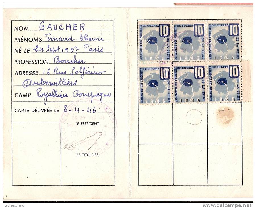 Carte D´Adhérent/Ass. Des Prisonniers De Guerre/ Département De La Seine/ Auberviliers/1946  VP501 - Unclassified