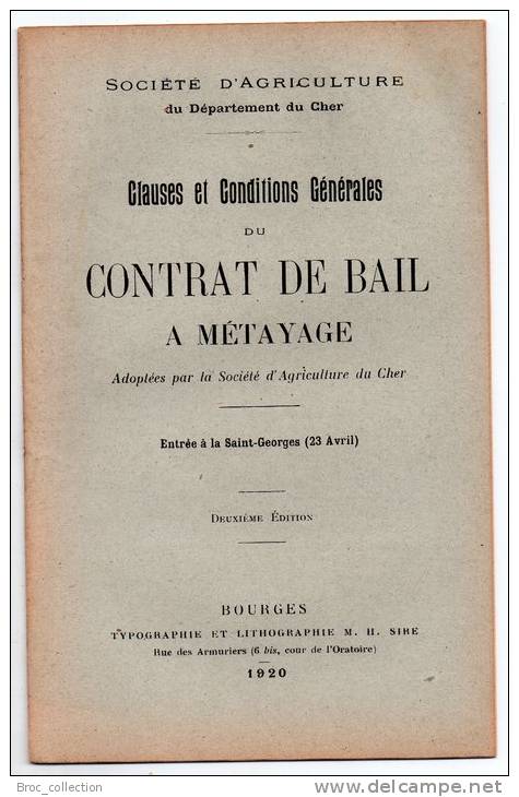 Société D´Agriculture Du Cher, Clauses Et Conditions Générales Du Contrat De Bail à Métayage, Bourges, 1920 - Centre - Val De Loire