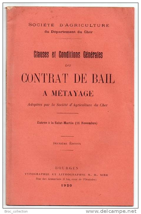 Société D´Agriculture Du Cher, Clauses Et Conditions Générales Du Contrat De Bail à Métayage, Bourges, 1920 - Centre - Val De Loire