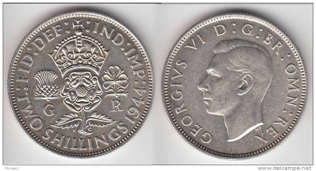 QUALITY **** GRANDE-BRETAGNE - GREAT-BRITAIN - FLORIN 1944 (2 SHILLINGS) GEORGE VI - SILVER **** EN ACHAT IMMEDIAT !!! - J. 1 Florin / 2 Schillings