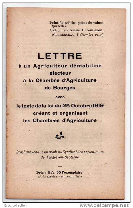 Farge-en-Septaine, Lettre à Un Agriculteur Démobilisé électeur à La Chambre D´Agriculture De Bourges, 1919 - Centre - Val De Loire