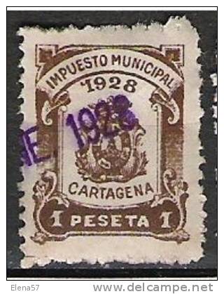 1905-FISCAL 1 PESETA LOCAL CARTAGENA MURCIA IMPUESTO 1919_1020.VALOR.DESCONOCI DO,NO CATALOGADO,EL DENTADO ES ASI.SPAIN - Steuermarken