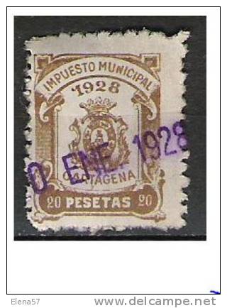 1909-FISCAL 20 PESETAS  LOCAL CARTAGENA MURCIA IMPUESTO 1919_1020.VALOR.DESCONOCI DO,NO CATALOGADO, DENTADO ES ASI.SPAIN - Steuermarken