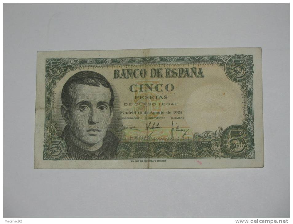ESPAGNE. 5 Pesetas - Cinco Pestas - 16.08.1951 Banco De Espana. - 5 Pesetas