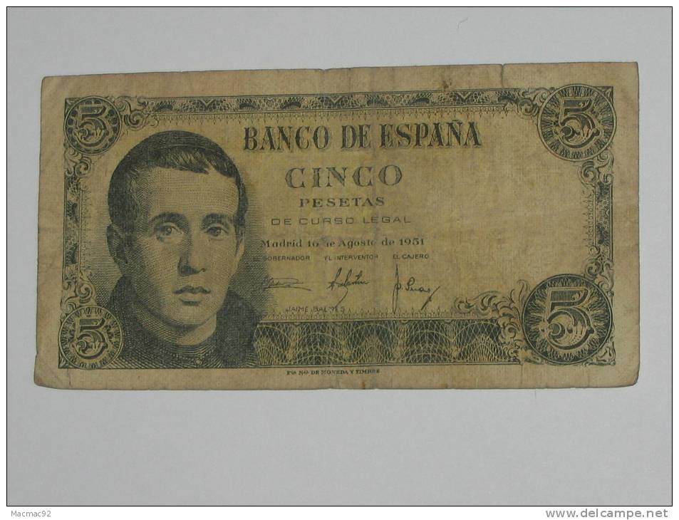 ESPAGNE. 5 Pesetas - Cinco Pestas - 16.08.1951 Banco De Espana. - 5 Pesetas