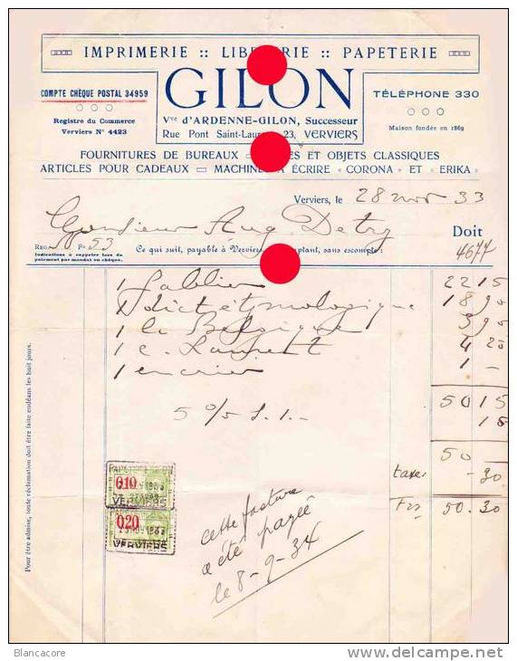 VERVIERS Imprimerie GILON 1933 - Drukkerij & Papieren