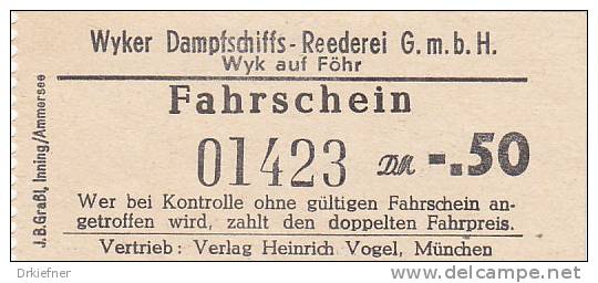 Wyk Auf Föhr, Wyker Dampfschiffs-Reederei, Fahrschein, Billett, Ticket, -,50 DM, 1958 - Europa