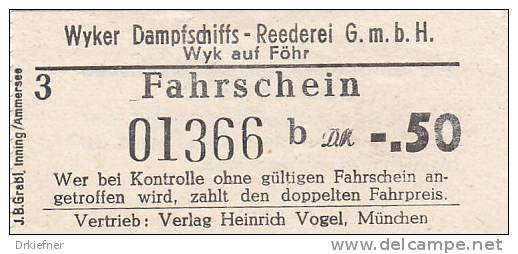 Wyk Auf Föhr, Wyker Dampfschiffs-Reederei, Fahrschein, Billett, Ticket, -,50 DM, 1964 - Europa