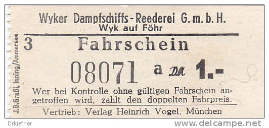 Wyk Auf Föhr, Wyker Dampfschiffs-Reederei, Fahrschein, Billett, Ticket, 1,00 DM, 1964, A - Europa