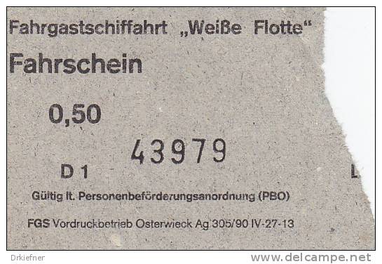 Fahrgastschifffahrt "Weiße Flotte" Stralsund, Fahrschein, Billett, Ticket, 0,50 DM, 1992 - Europa