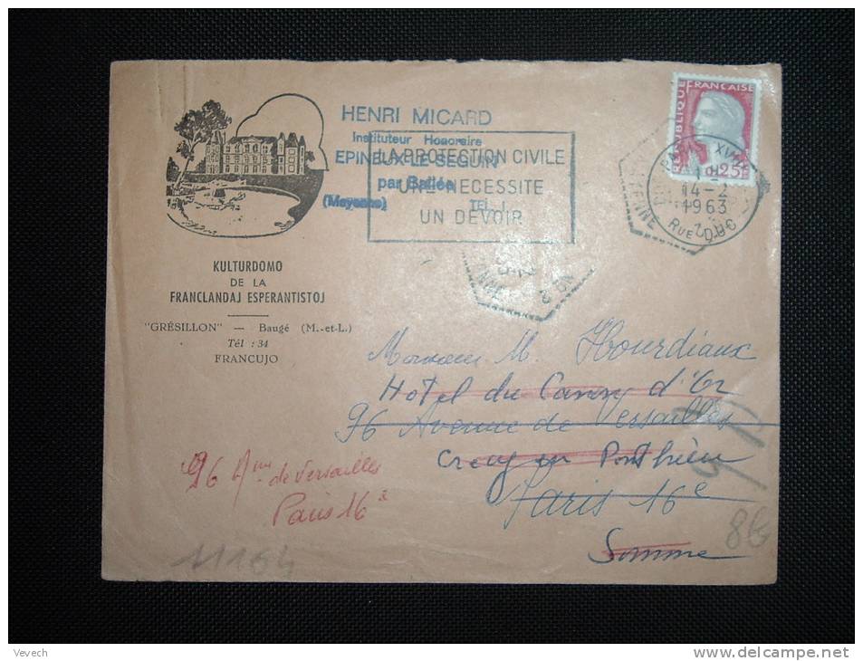 LETTRE TP MARIANNE DE DECARIS 0,25F OBL.MEC.14-2-1963 PARIS XVIII+ CHATEAU GRESILLON BAUGE (49 MAINE ET LOIRE) ESPERANTO - 1960 Maríanne De Decaris