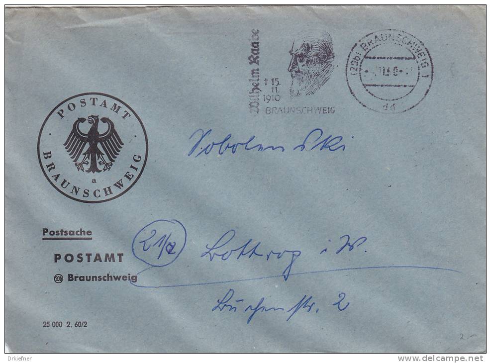 Postsache, Brief Mit Stempel: Braunschweig 4.11.1960 Und Stempelzudruck: Wilhelm Raabe 50.Todestag - Maschinenstempel (EMA)