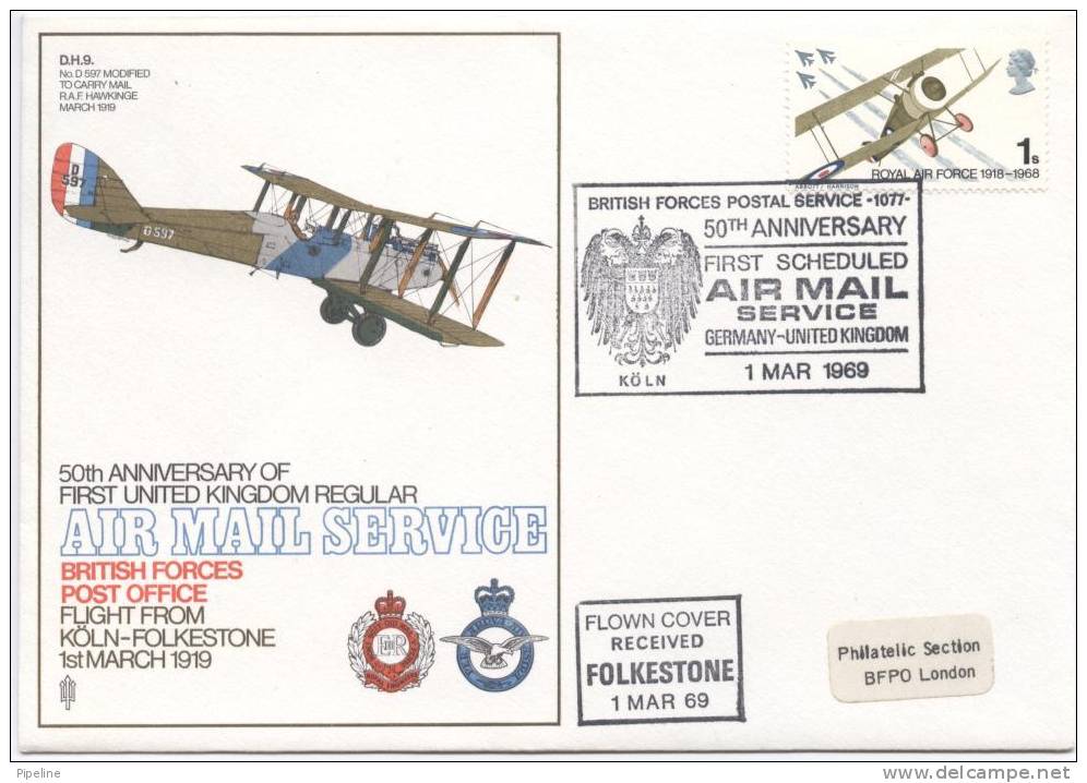 Great Britain 50th. Anniversary First Scheduled Air Mail Service Germany  - U.K. 1-3-1969 - Covers & Documents