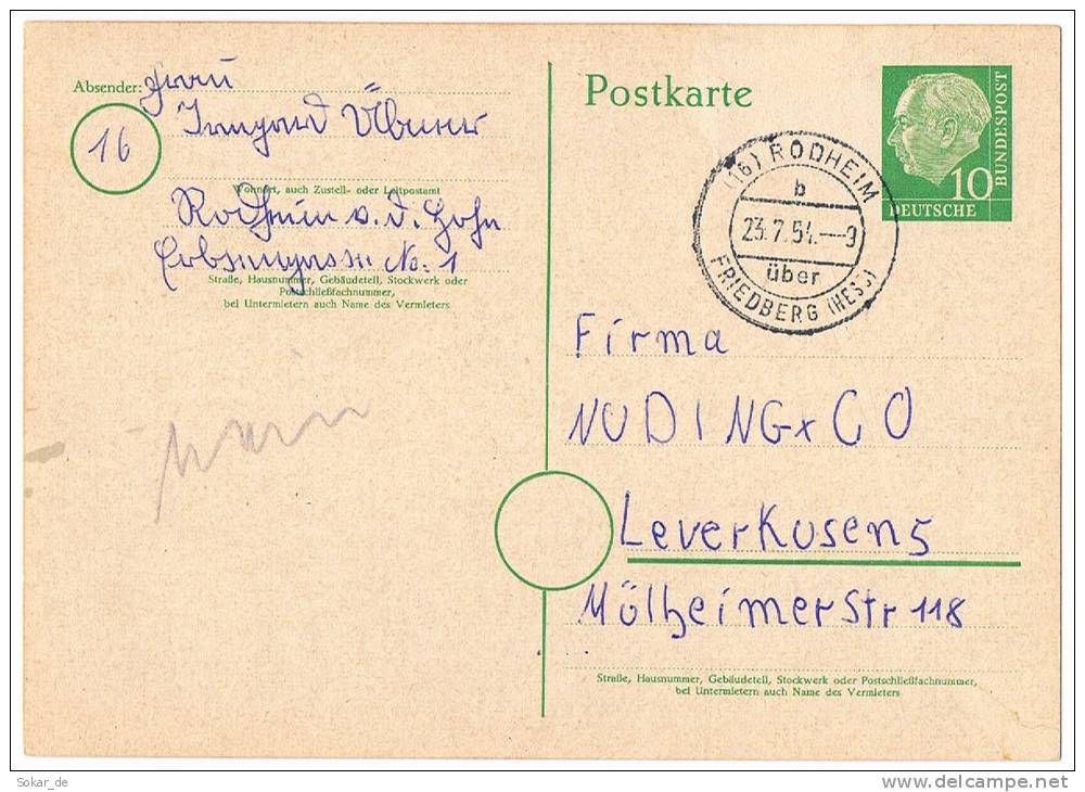 Ganzsache Mit Landpoststempel Rodheim über Friedberg (Hess) 1954 - Postkaarten - Gebruikt