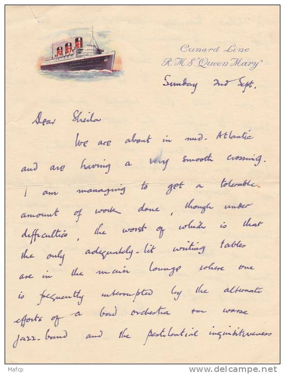 CUNARD LINE - R.M.S. QUEEN MARY - Lettre 13 X 17,5 Cm - Other & Unclassified