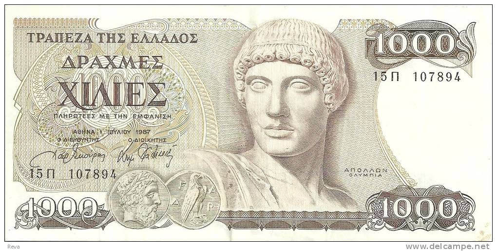 GREECE 1000 DRAHMAI DARKER BROWN MAN BIRD FRONT BUILDING BACK DATED 01-07-1987 P.202a AVF READ DESCRIPTION !! - Griekenland