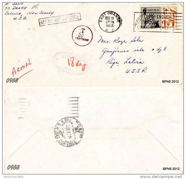 MARCOPHILIE POSTAL HISTORY USA 1962 RIGA LATVIA - Postal History