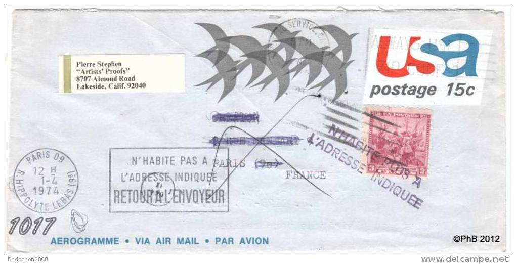 MARCOPHILIE POSTAL HISTORY Aérogramme Paris Retour à L´envoyeur 1974 - Marcophilie