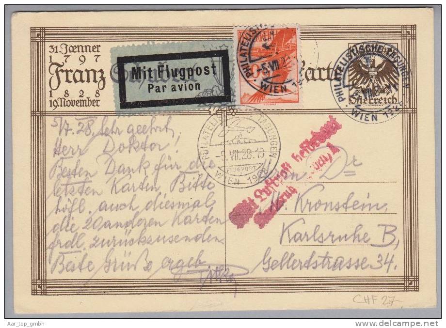Österreich Luftpost 1928-07-05 Wien Philatelistentag Auf Bildganzsache +10Gr.Zusatz Nach Karlsruhe - Autres & Non Classés