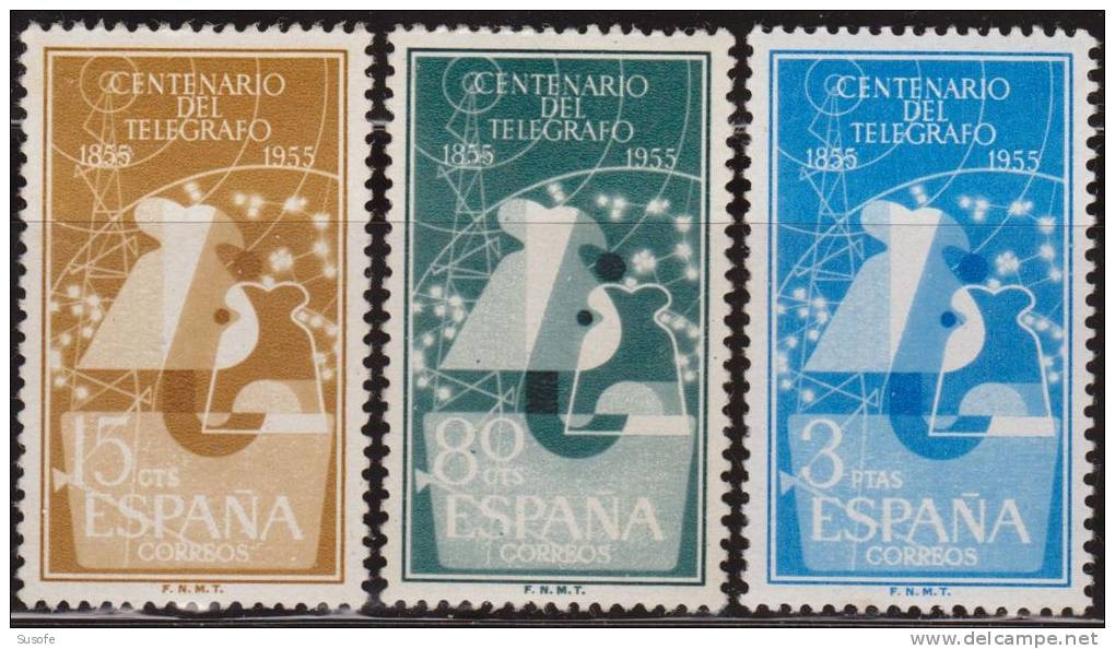 España 1955 Edifil 1180/2 Sellos ** I Centenario Telegrafo Aisladores Y Antena Michel 1065/7 Yvert 873/5 Spain Stamps - Ungebraucht