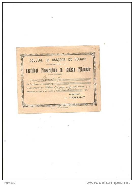 FECAMP-COLLEGE DE GARCONS-CERTIFICAT D'INSCRIPTION AU TABLEAU D'HONNEUR-1916 - Diploma's En Schoolrapporten