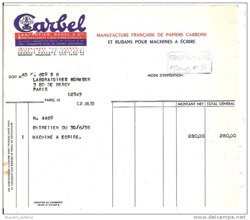 Facture Carbel Manufacture Papier Carbone Et Rubans Machine à Ecrire Carpentier Badel Rue Maillard Paris Gerbier - Printing & Stationeries