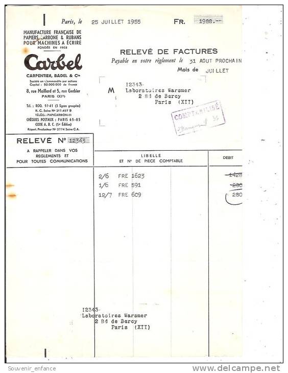 Facture Carbel Manufacture Papier Carbone Et Rubans Machine à Ecrire Carpentier Badel Rue Maillard Paris Gerbier - Printing & Stationeries