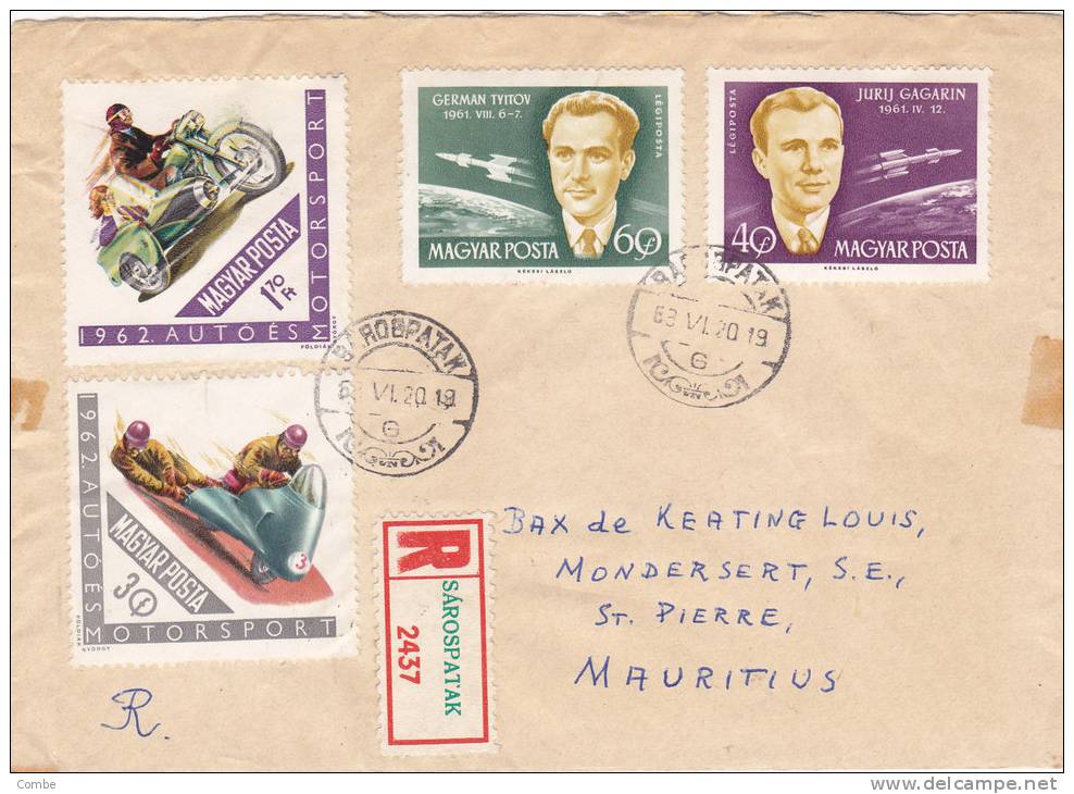 Lettre RECOM. HONGIE 1963, SAROSPATAK - MAURITIUS. SPORT ESPACE MOTO /3042 - Postmark Collection