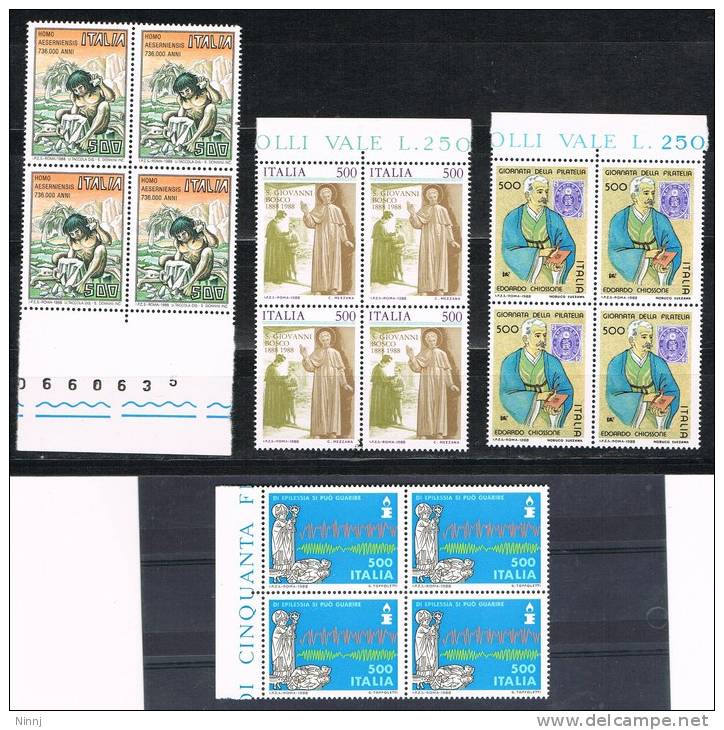 Italia 1988 Quattro - Quartine Homo Aeserniensis £.500/ Don Bosco £.500 /Lotta Epilessia £.500/E.Chiossone £.500 Nuovi** - Blocks & Sheetlets