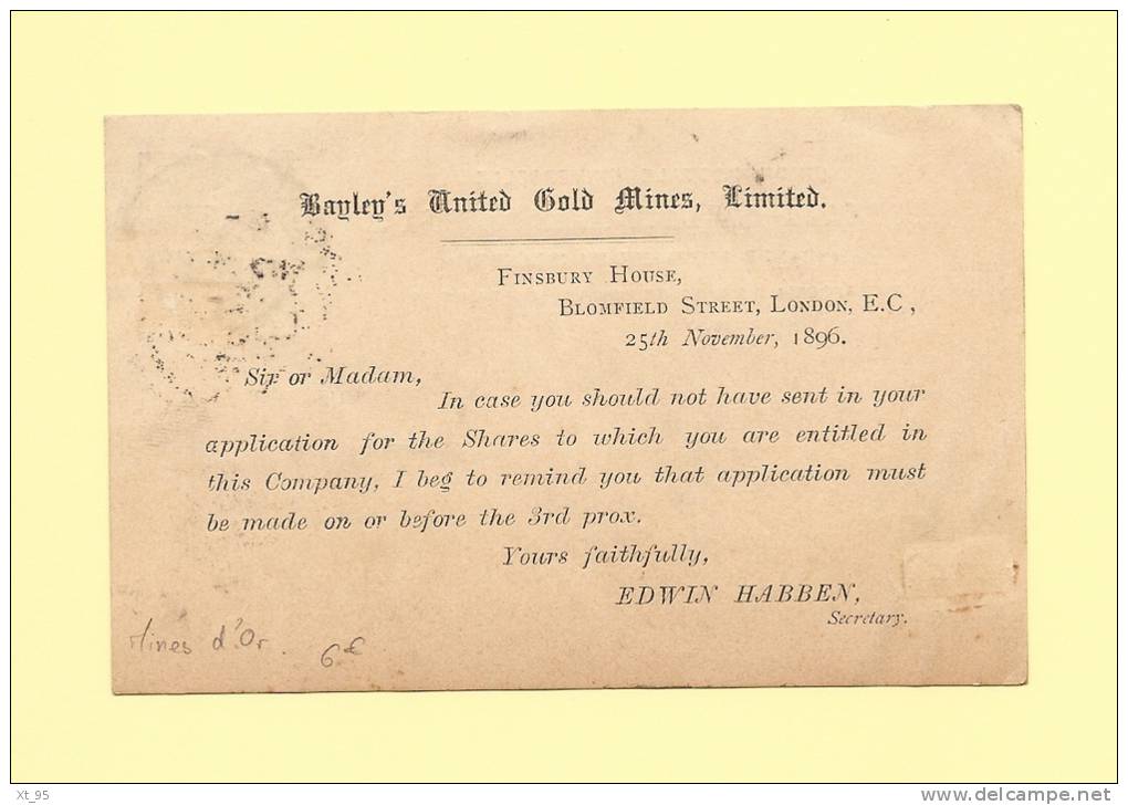 Entier Repique Gold Mines - Mines D Or - Londres 1896 - Luftpost & Aerogramme