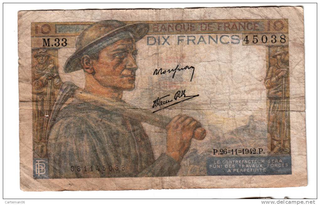 Billet - 10 Francs Mineur - 26.11.1942 P - M.33 N° 45038 - 10 F 1941-1949 ''Mineur''