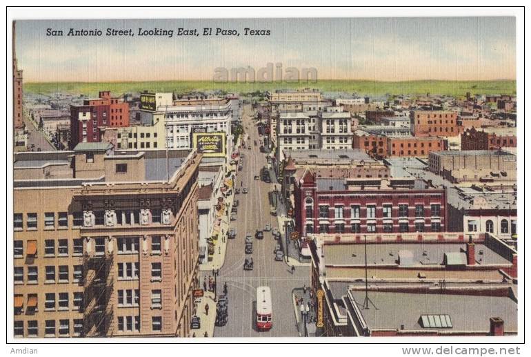 EL PASO TX ~ SAN ANTONIO STREET LOOKING EAST~BIRDS EYE VIEW~c1940s Old Postcard  [c3287] - El Paso