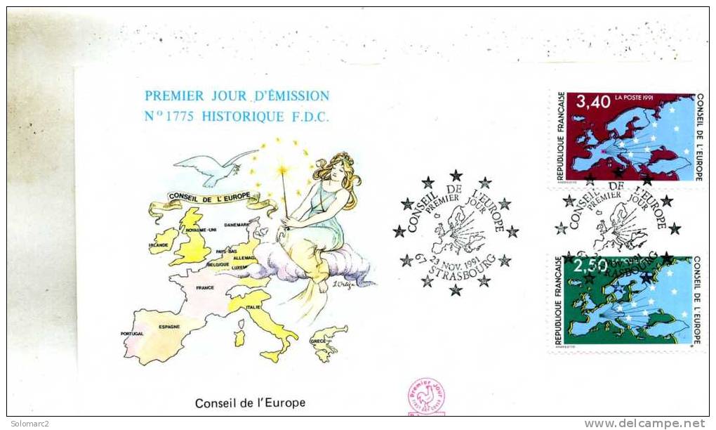 Enveloppe   Premier  Jour D´emission ( Conseil De L´Europe-Europa) A Strasbourg 67 Le 23-11-1991 - Journée Du Timbre