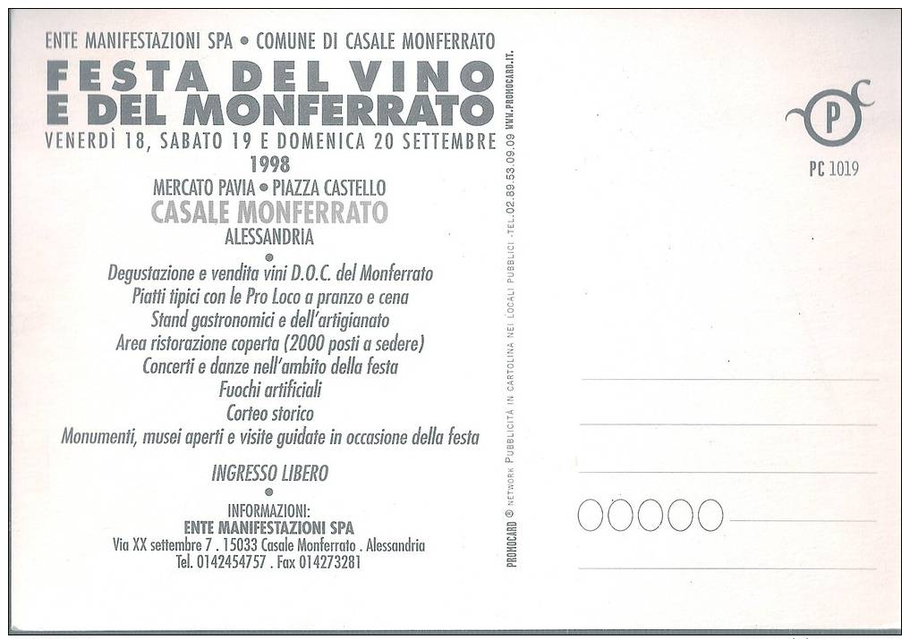 RZ552 - FESTA DEL VINO E DEL MONFERRATO CASALE MONFERRATO - N.VG. A.1998 - Alessandria