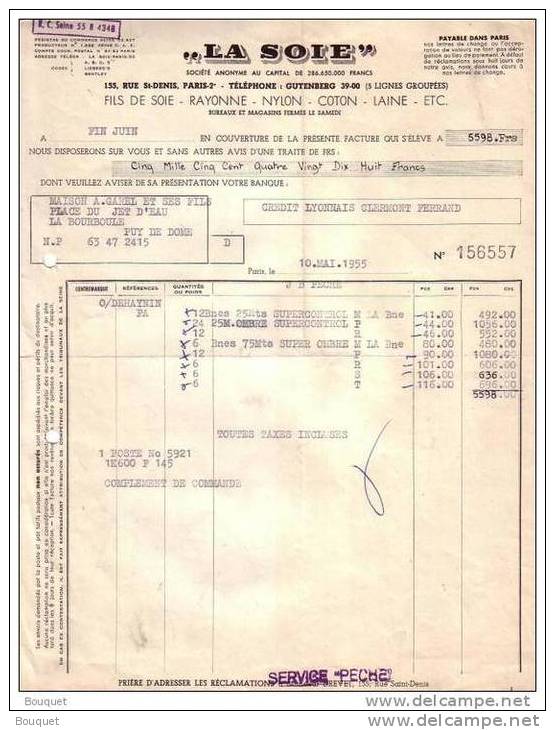 PARIS - FILS INDUSTRIELS NATURELS - ARTIFICIELS SYNTHETIQUES - PÊCHE - LA SOIE -  FACTURE + MANDAT - 1955 - Deportes & Turismo