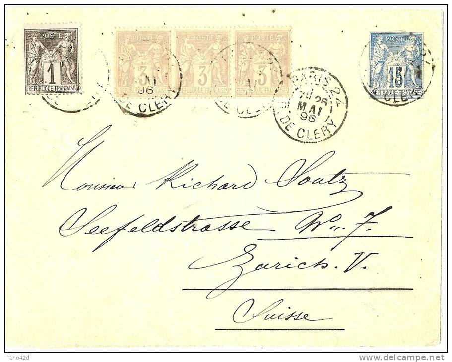 LBL 14 - ENVELOPPE SAGE 15c + COMPLT.S SAGE 3cx3+1c PARIS / ZURICH MAI 1896 CACHET D'ARRIVEE AU VERSO - Standard Covers & Stamped On Demand (before 1995)