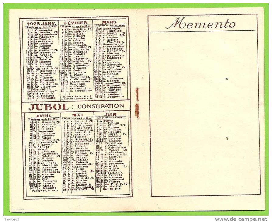 75 - PARIS - Calendrier 1925 Des Etablissements CHATELAIN, Fournisseurs Des Hôpitaux De Paris - Publicité Urodonal - Klein Formaat: 1921-40