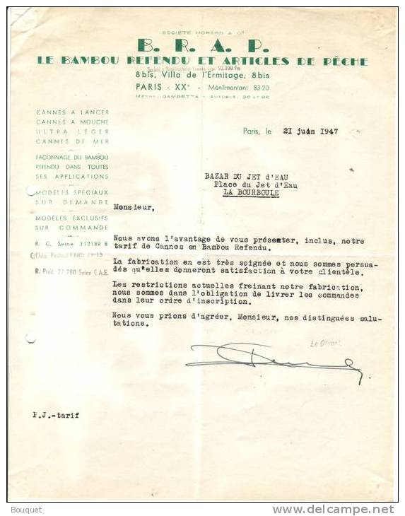 PARIS - MORARD & CIE - B.R.A.P. - LE BAMBOU REFENDU ET ARTICLES DE PÊCHE - LETTRE + TARIF - 1947 - Sports & Tourisme
