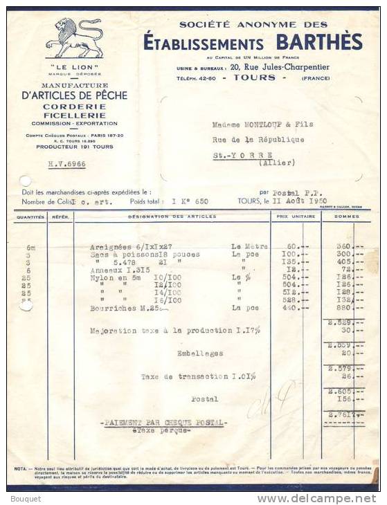 TOURS - MANUFACTURE D'ARTICLES DE PÊCHE - CORDERIE - FICELLERIE - LION - ETABLISSEMENTS BARTHES - 1950 - Deportes & Turismo