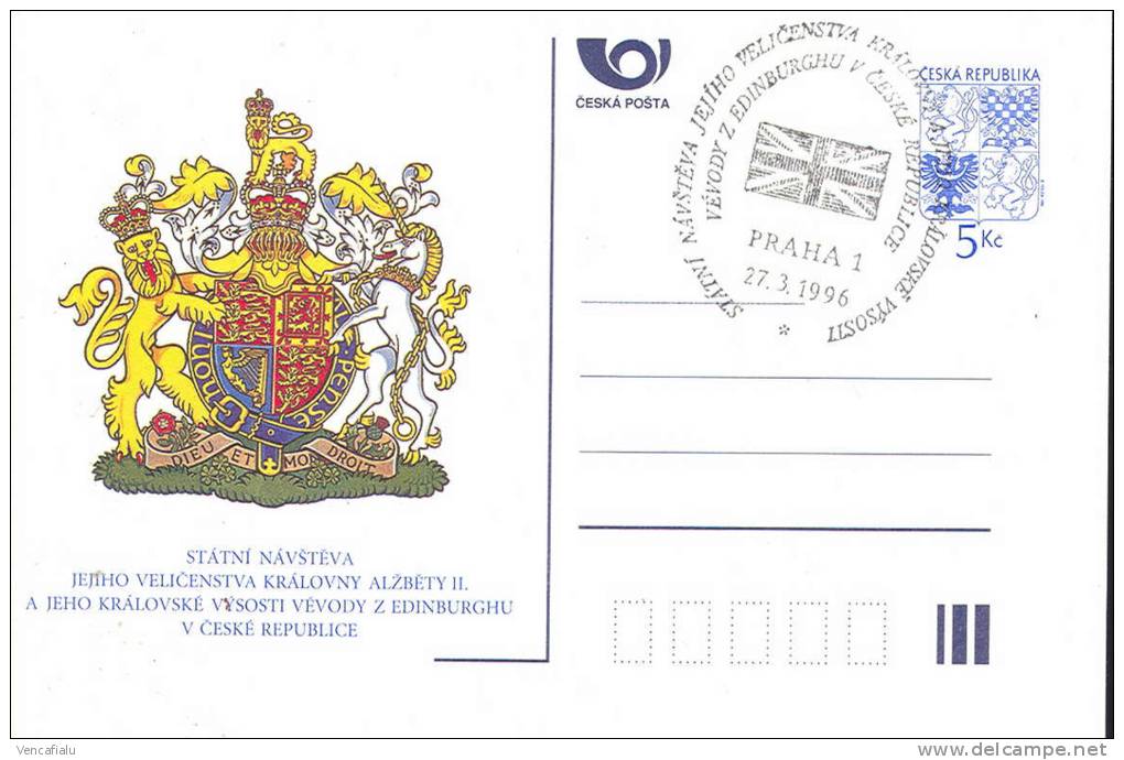 Czech Republic 1996 - Visit Queen Elisabeth II. In Prague, Special Postal Stationery And Special Cancallation - Postkaarten
