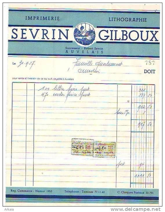 Auvelais - 1957 - Sevrin & Gilboux (successeur De Robert Sevrin ) Imprimerie-lithographie - Printing & Stationeries