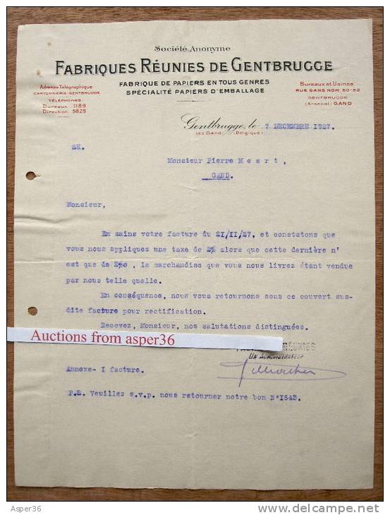 Papiers En Tous Genres, Fabrique Réunies De Gentbrugge, Zondernaamstraat Gent 1927 - 1900 – 1949