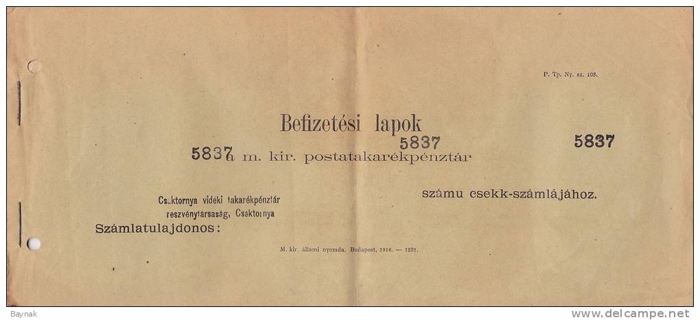CHECK, BANK CASH CERTIFICATE,  -  ELISMERVENY  -  HUNGARY, CROATIA, CSAKTORNYA, CAKOVEC  -  1913 - Österreich