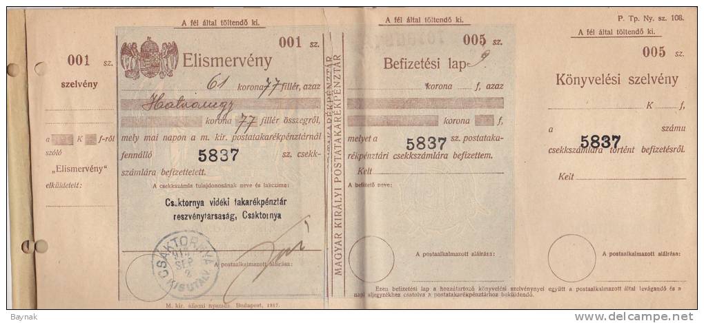 CHECK, BANK CASH CERTIFICATE,  -  ELISMERVENY  -  HUNGARY, CROATIA, CSAKTORNYA, CAKOVEC  -  1913 - Austria