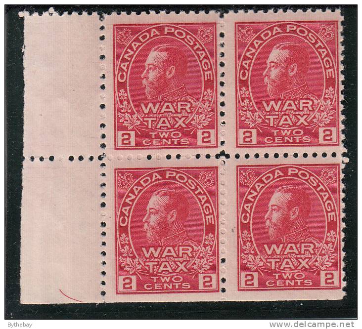 Canada MNH Scott #MR2a Lower Left Corner Block Of 4 2c George V, Carmine Rose War Tax - Kriegssteuermarken