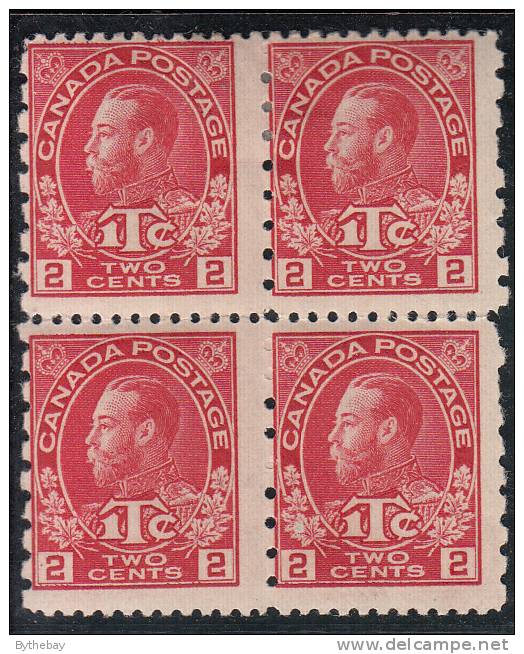 Canada MH Scott #MR5 Block Of 4 2c George V, Carmine Die I War Tax - Pulled Perfs At Right - Kriegssteuermarken