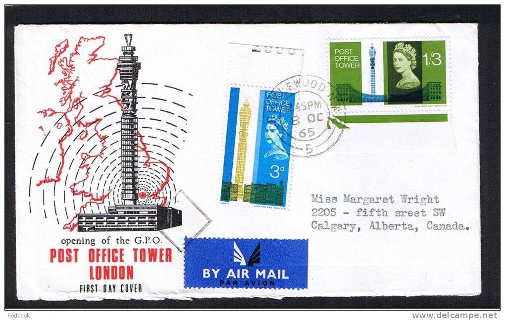 RB 912 - 1965 GB FDC - Post Office Tower - Cricklewood Cancel - Airmail To Calgary Canada - High Cat - 1952-1971 Pre-Decimal Issues