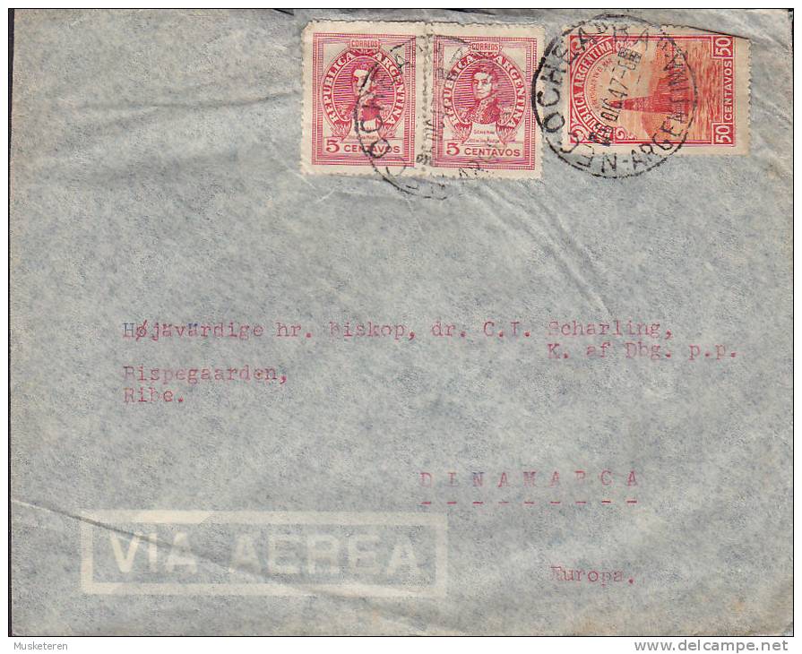 Argentina Airmail Via Aerea DANSK PROTESTANTISK MENIGHED, NECOCHEA 1947 Cover Letra To RIBE Denmark (2 Scans) - Luchtpost